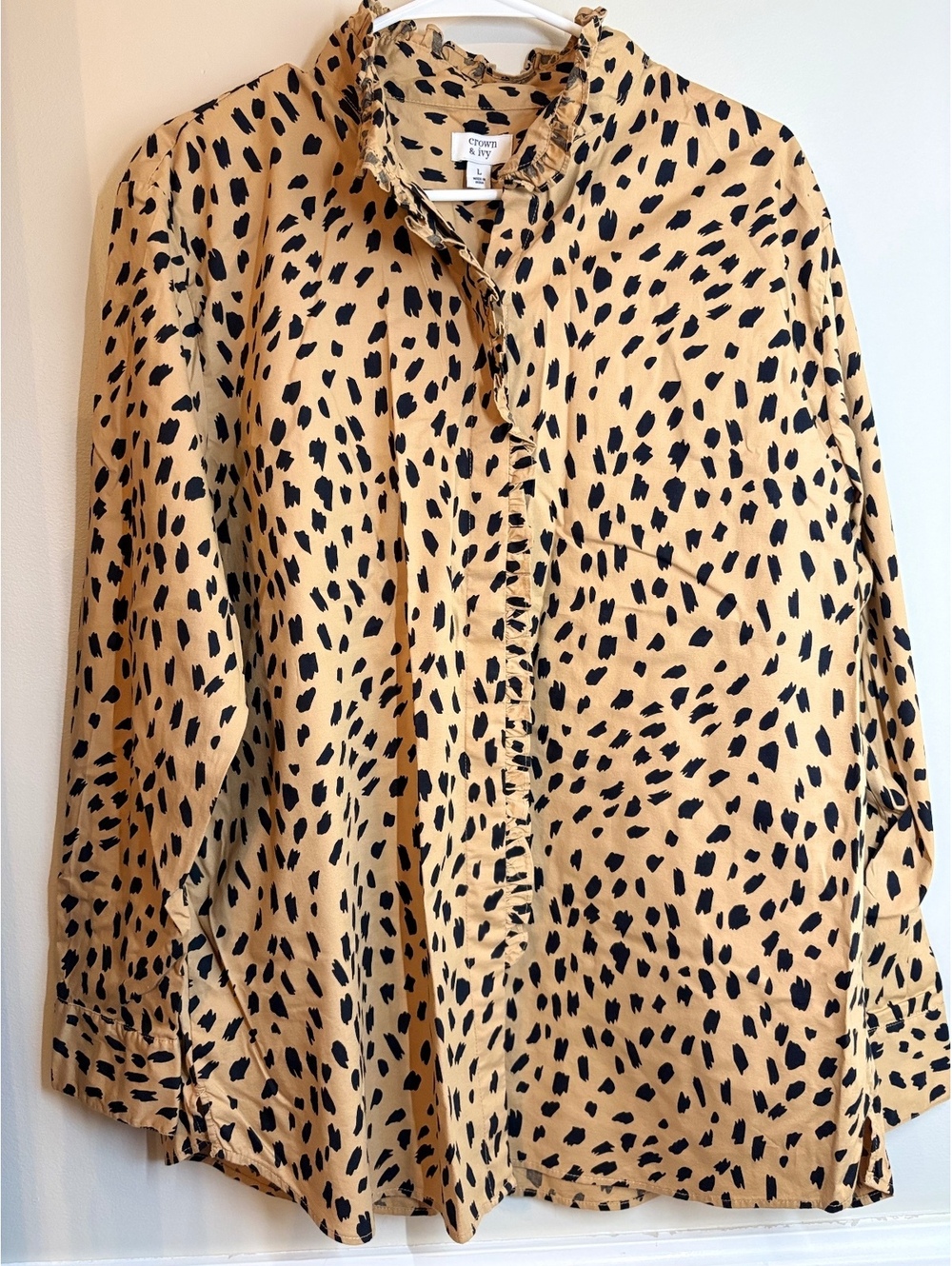 Crown & Ivy Cheetah Cotton Ruffle Shirt L